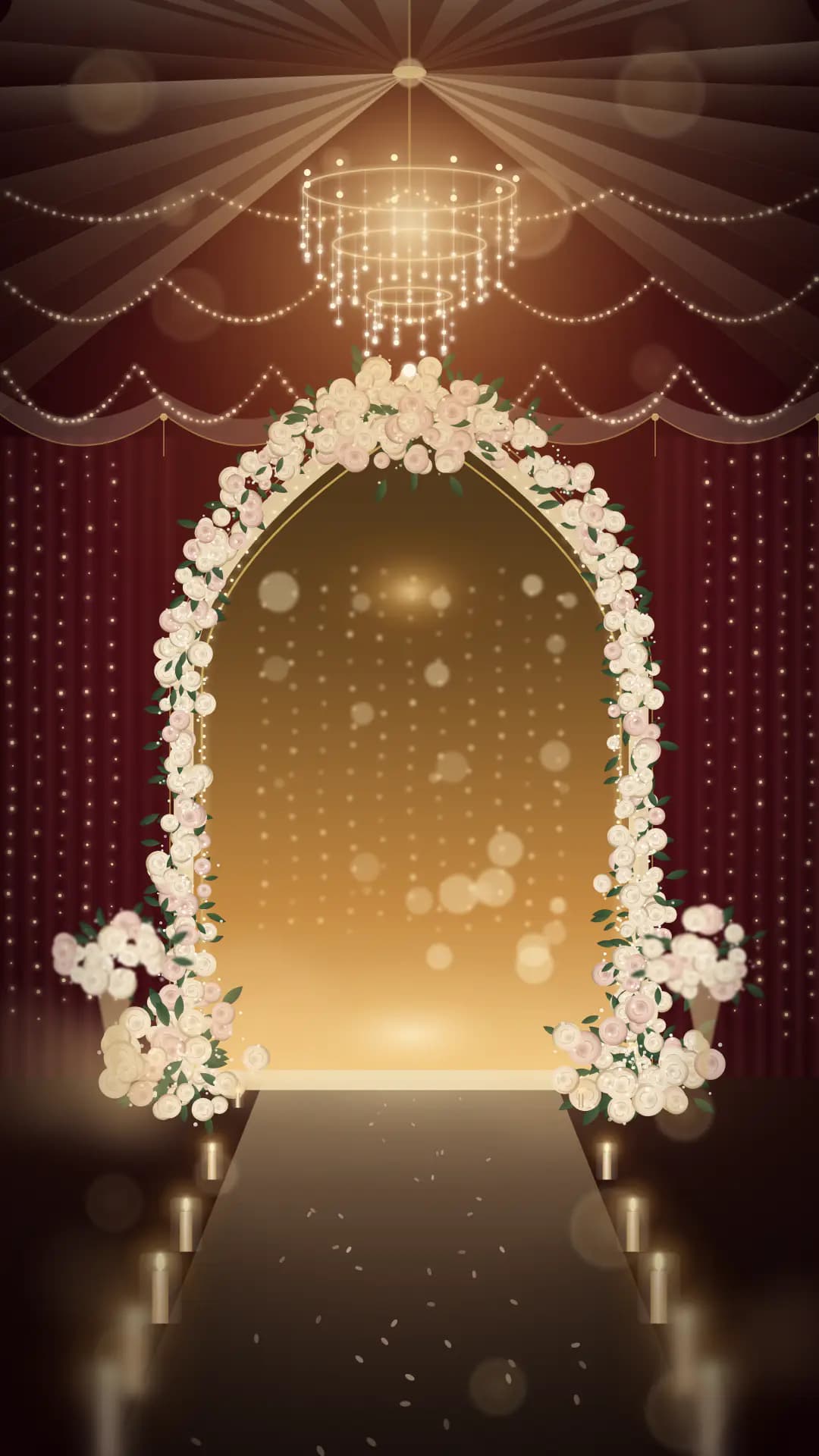 Illuminated night marquee for the Barat: crystal chandeliers, fairy lights and an ivory floral arch