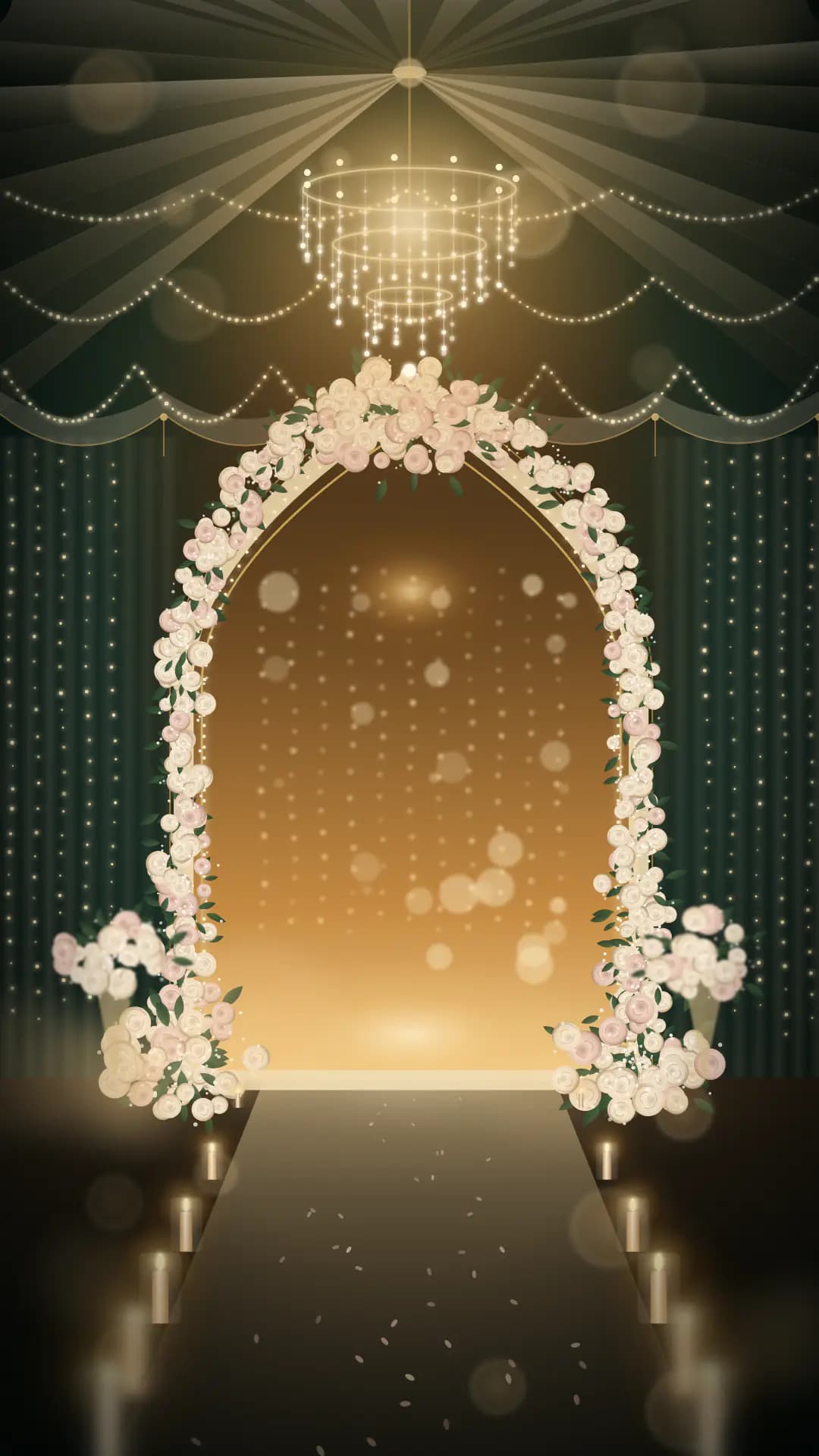 Illuminated night marquee for the Walima Reception: crystal chandeliers, fairy lights and an ivory floral arch